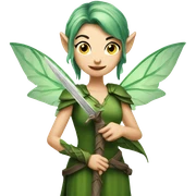 Female, forest fairy, fairy wings, pointed elf ears, short green hair, vines, holding medieval sword sticker