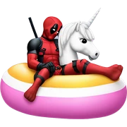 Deadpool chilling on a unicorn floatie sticker