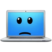 laptop with blue screen sticker