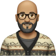 bearded bald man with black beard wearing glasses and boho jumper sticker