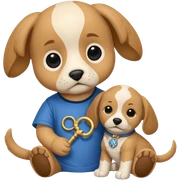 Puppy wearing a shirt with the zodiac symbol for Gemini. Puppy is chewing on a Harry Potter doll.  sticker
