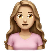 White girl with long brown hair and a pink shirt sticker