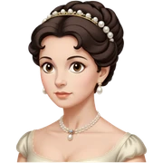 middle age lady with dark brown hair, styled in an elegant Regency-era updo, Soft brown eyes, kind but firm gaze, Wears delicate pearl earrings, sticker