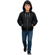 Una persona caminando con una campera negra, las manos en los bolsillos de la campera negra, con una capucha, es muy de noche y un camino largo de una plaza oscura sin personas y unos postes de luz. sticker