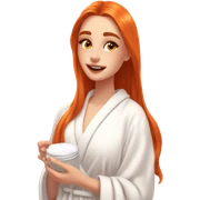 Girl putting cream on face bathroom red orange hair orange brown eyes beautiful face thick eyelashes pink lips gorgeous skinny fair skin white aesthetic tall girl doing skincare cozy robe hair in white towel sticker