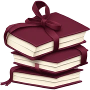 burgundy books stacked up and tied together by a burgundy bow sticker
