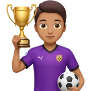 Soccer player in purple kit with a trophy sticker