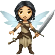 Female middle eastern fairy, wings, pointed elf ears, dark hair, vines, holding medieval sword sticker
