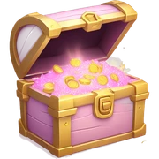 Pastel Pink Treasure Chest "A pastel pink treasure chest with glowing edges, sparkling golden coins spilling out, and a magical light emitting from inside." sticker
