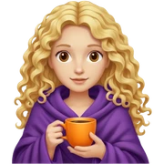 Blonde curly long hair lady inside a purple blanket with a orange cup of coffe sticker
