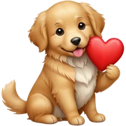 A dog holding a heart sticker