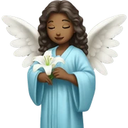 Angel in blue robe holding white lily sticker