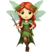 Female, forest fairy, fairy wings, pointed elf ears, red hair, vines, holding medieval sword sticker