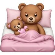 Brown teddy bear laying with a light pink teddy bear in bed sticker