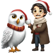 Harry Potter wearing a Santa hat and cozy scarf, holding a snowy owl perched on his arm, looking excited for a magical Christmas sticker