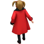 woman in red coat by car sticker