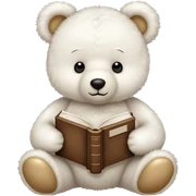 White teddy bear with a book sticker