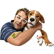 man with dog and food sticker