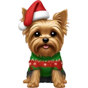 A yorkie dog with a Christmas hoodie sticker