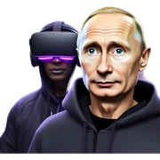 Vladimir Putin wearing a black hoodie with "OMG" letters on it and VR headset oculus quest 2 in a cyberpunk VR environment with violet neon lighting. sticker
