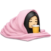 white girl with black straight hair inside a pink blanket sipping coffee eyes closed sticker