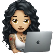 beautiful girl, with tattoos, with long black hair, wavy hair, chinese, with laptop sticker