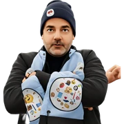 boy in jacket with hat sticker
