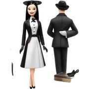 Afternoon Suit Barbie. Wednesday Addams at home. Smiling.stilettos, gloves, picture hat, Very Pale-white porcelain skin.  sticker