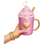 Chocolate caliente rosa con nata y brillos una mano sosteniéndolo con pulseras doradas sticker