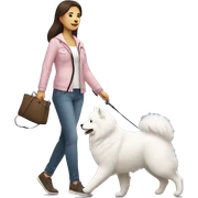 side profile full body view of brunette female with light pink skintone walking one samoyed dog on a leash sticker
