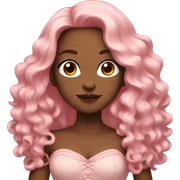Woman with brown long wavy hair, light skin, pink corset, blush sticker