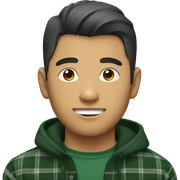 Tan asian guy with wolfcut and a dark green flannel sticker