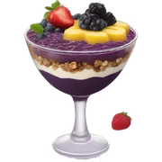 Açaí in a clear cup with layers of fruits and granola and condensed milk sticker