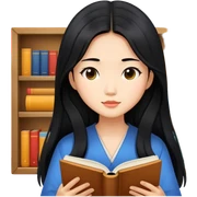 Beautiful Asian girl with long black hair reading sticker