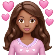 Barbie girl makeup , brown long straight wavy hair and brown eyes is In pale pink clothes There are pink hearts all around sticker