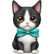 Black munchkin cat with a bow holding a sardine sticker
