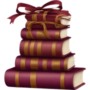 burgundy books stacked up and tied together by a burgundy bow sticker