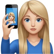 young woman with long straight dark blond hair, side bangs, and blue eyes. She is taking a selfie with an iphone  sticker