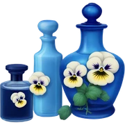 Decorative blue candle in a glass jar and in the back are navy blue pansies and a blue vintage-style perfume bottle  sticker