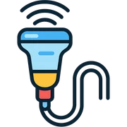Add blue highlights to the ultrasound probe, keep the color outline icon style, and ensure clear medical device details. sticker