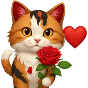 Add a heart to the tricolor cat holding a rose, keep the background transparent. sticker