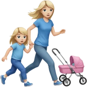full length of a young woman with long straight dirty blonde hair, side bangs, and blue eyes. She is trying to catch a 1 year old baby girl that is running away sticker