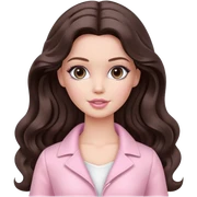A white Barbie girl with long dark brown wavy hair in pale pink clothes has loving look sticker