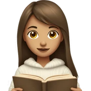 Girl with brown long hair and bangs with a cozy white sweater reading a book sticker