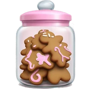 Realistic glass cookie jar with light pink lid full of gingerbread cookies isolated.  sticker