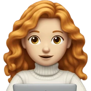 ginger girl with wavy long hair and blue eyes in turtle neck white sweater working on a laptop sticker
