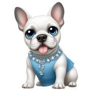 White French bulldog with blue eyes wearing a Chanel dress sticker