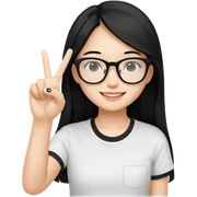 An Asian girl with fair skin and long black hair, wearing black square-framed glasses and a white T-shirt, smiled slightly,with a v sign on her hand sticker