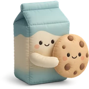 a cushion style milk carton hugging a cookie, both with cute faces, soft and puffy look, pastel palette sticker