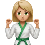 A woman in a karate uniform with a green belt  sticker